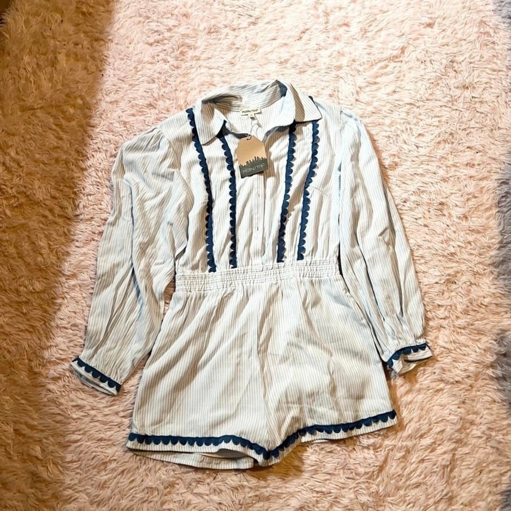 Coastal Linen‎ Blend Scalloped Lace Romper Womens S Old Money Beachy Hamptons